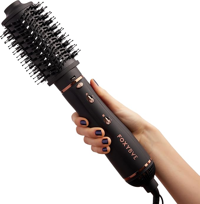 FoxyBae 3-in-1 Ceramic Interchangeable Hair Tools - Blowout Dryer - 3 Detachable Heads: 2.4" Blowout Brush, 1.5" Hot Round Brush & Drying Cylinder Hair Dryer Brush & Hair Styling Set [Black Rose-Gold]-Velvo Beauty