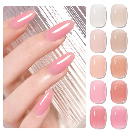 Jelly Shimmer Gel Nail Polish Set, 10 Colors Translucent Natural Milky White Pink Nail Polish Gel, UV/LED Soak Off Gel Nail Kit DIY Nail Art Salon Manicure Gifts for Women Girls.-Velvo Beauty