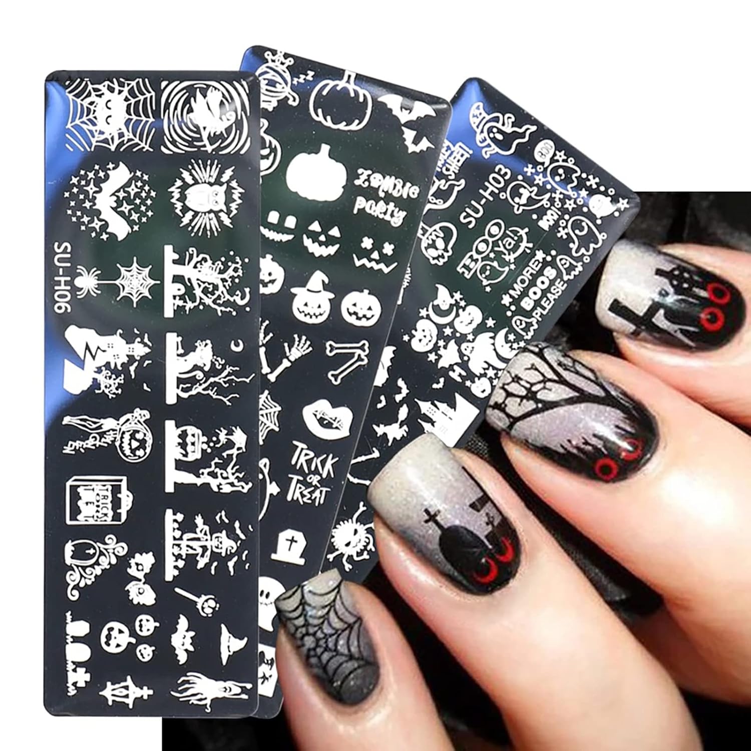 Halloween Nail Stamper Kit: 6 Pcs Stamp Template Plates with 1 Stamper, 1 Scraper - Horror, Ghost, Pumpkin, Skull, Bone Images - DIY Nail Art Set-Velvo Beauty