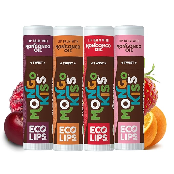 Eco Lips Mongo Kiss Organic Lip Balm 4 Pack Blood Orange, Yumberry, Strawberry Lavender, Black Cherry - 100 Percent USDA Organic - Soothe, Moisturize Dry-Velvo Beauty