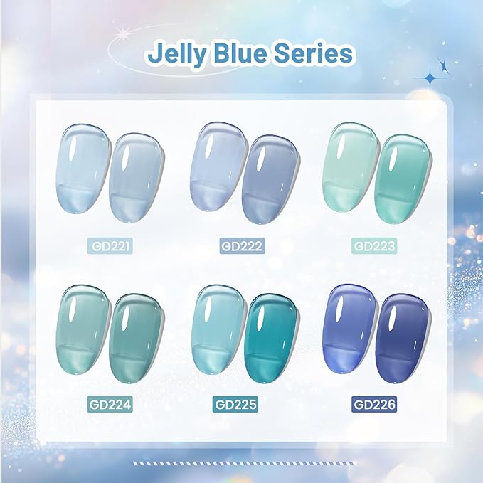 JODSONE 10ml 6 Colors Jelly Gel Nail Polish Set Ocean Blue Turquoise Gel Polish with Crystal Long Lasting All Seasons Need U V Lamp-Velvo Beauty