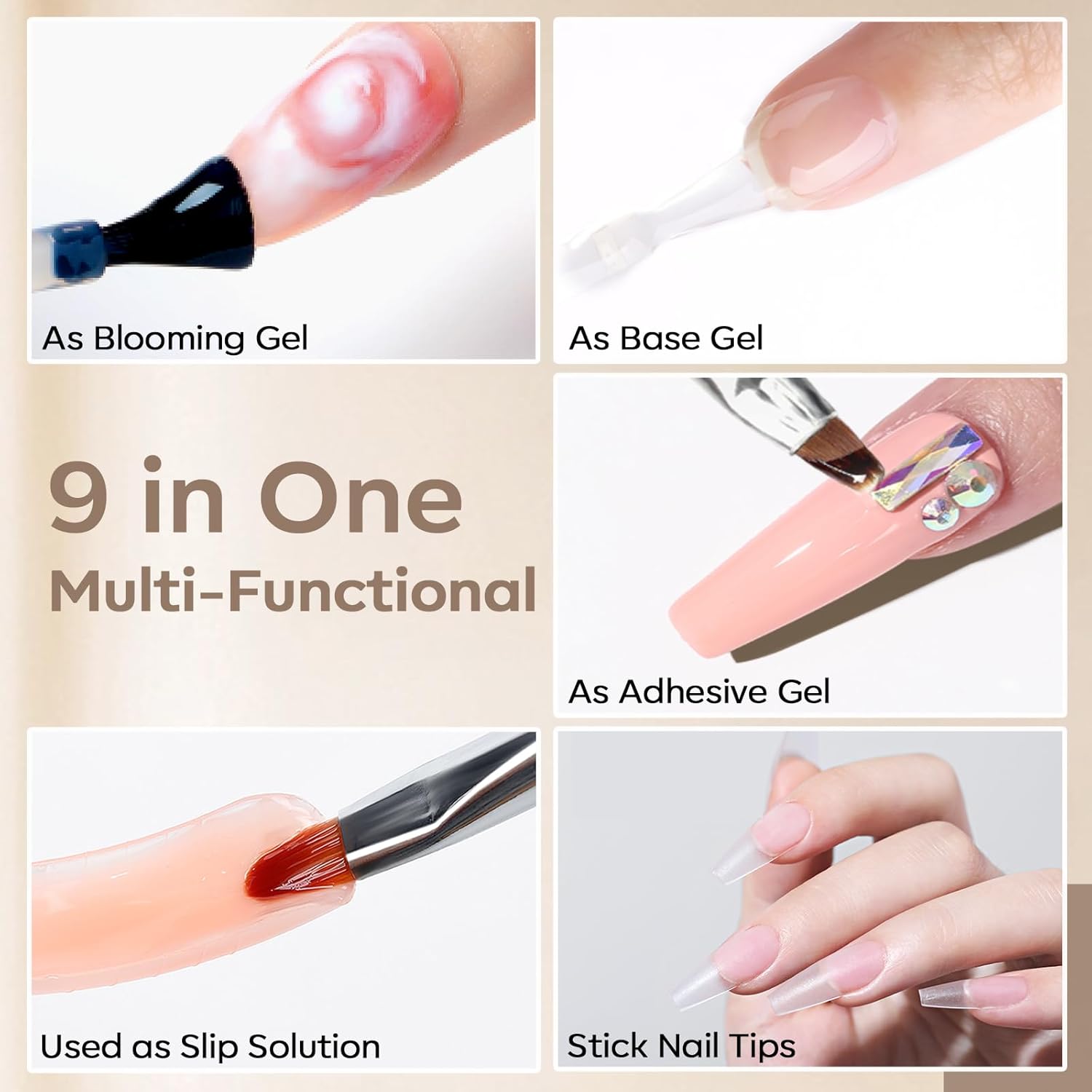 Modelones 9 in One Nail Glue Polish Set Brush On Gel Nail Glue 15ml for Rhinestone, Base Gel, Blooming Nail Art Gel Nail Kit Strengthener Treatment for Weak and Damaged Acrylic Nails U V Lamp Needed-Velvo Beauty