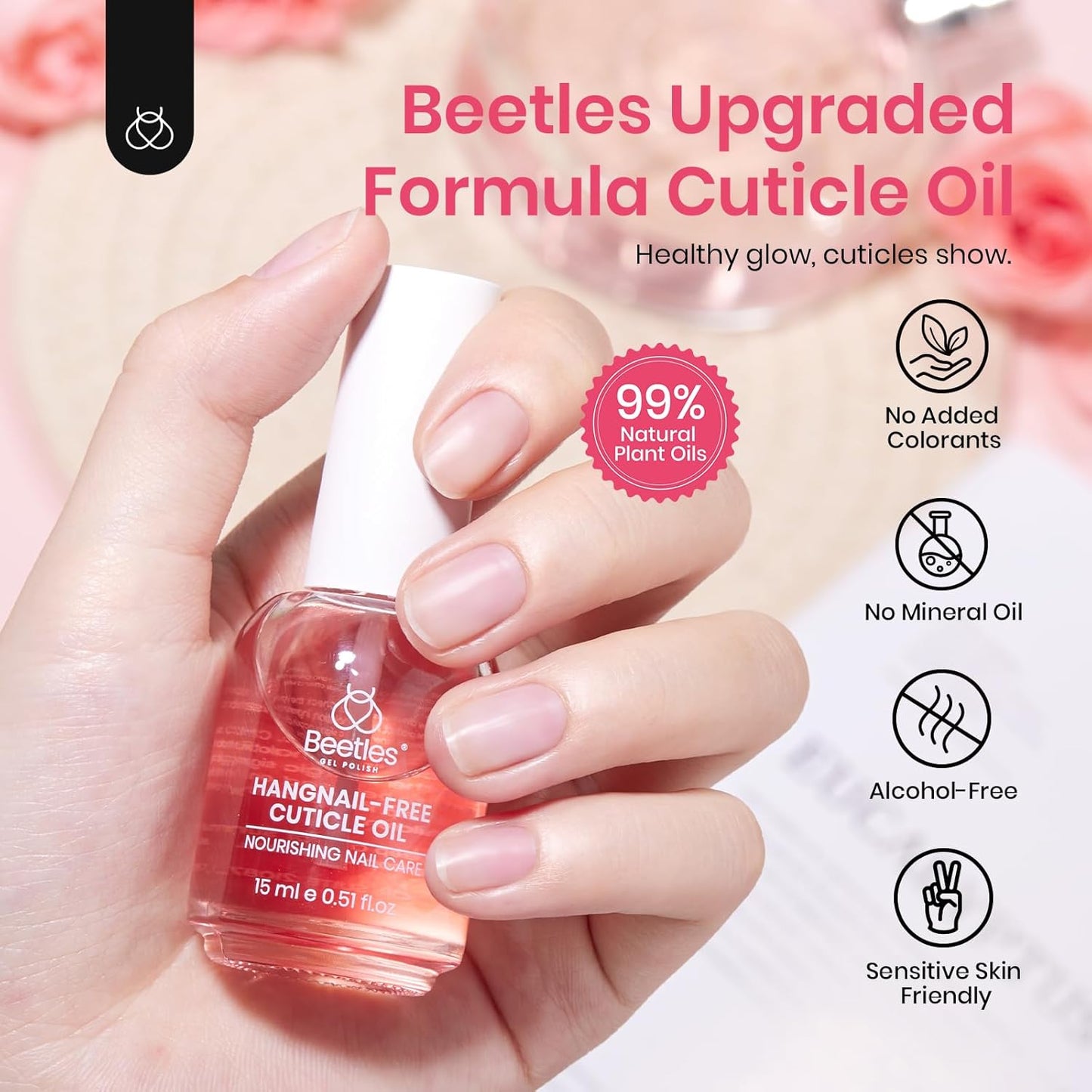 Beetles Cuticle Oil for Nail & Cuticle Care, 15ml Natural Rose Smell Oil with Vitamin E Nourish Condition Dry Stronger Nails SPA & Hand Manicure DIY Salon Needs Gifts for Her Women-Velvo Beauty