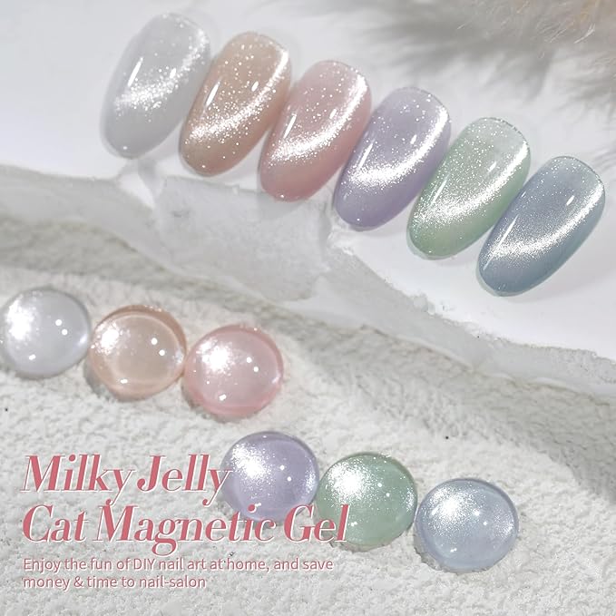 Born Pretty Cat Magnetic Eye Gel Nail Polish, Pastel Milky Jelly Cat Magnetic Gel Pastel Blue Green Purple Pink Nude Silver Nail Art Gel Manicure Salon DIY Gifts 7ML 6PCS-Velvo Beauty