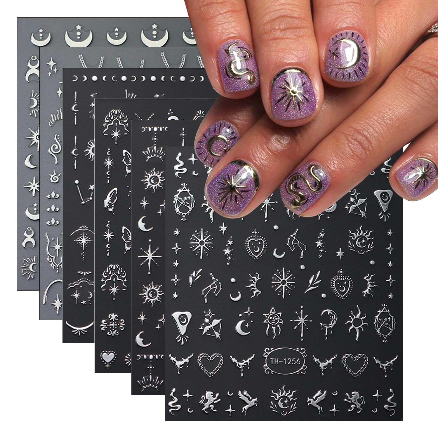 6 Sheets Metallic Nail Art Stickers Decals-3D Self-Adhesive Sun Stars Moon Nail Design Luxury Silver Metallic Nail Supplies Designer Nail Stickers for Women Acrylic Nails Decorations Accessories Craft-Velvo Beauty