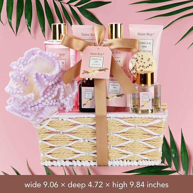 Bath and Body Gift Baskets for Women, 12 Pcs Vanilla Oat Spa Gifts for Women. Bath Gift Set Enriched Shea Butter. Home Spa with Shower Gel, Body Oil, Saint Roy Gifts for Mom-Velvo Beauty