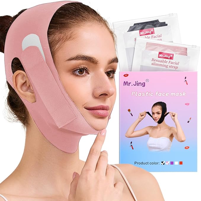2 Pack Face Slimming Strap, Double Chin Reducer Band, Graphene V-Line Mask Chin Up Mask V Shaped Face Mask Chin strap for sleeping, V-Line Lifting Mask for Women, Medium, Black and Pink-Velvo Beauty