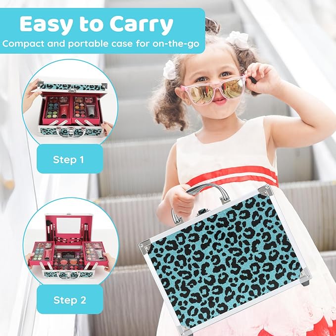 Anpro All-In-One Leopord Double Folding Makeup Carry Case with Pro Teen Makeup Set, Full Starter Kit with Makeup Brushes, Lipsticks, Eyeshadow Palette, Blushes, Glitter Gel, Ideal Present for Girls-Velvo Beauty