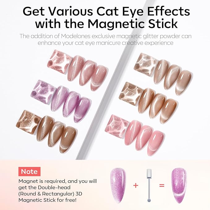 modelones Cat Eye Gel Nail Polish 6 Colors Nude Pink Brown Purple Cat Eye Nail Polish Glitter Semi-transparent Holographic 9D With Magnet Pastel All Seasons Soak Off Led Nail Art DIY Salon Gifts-Velvo Beauty