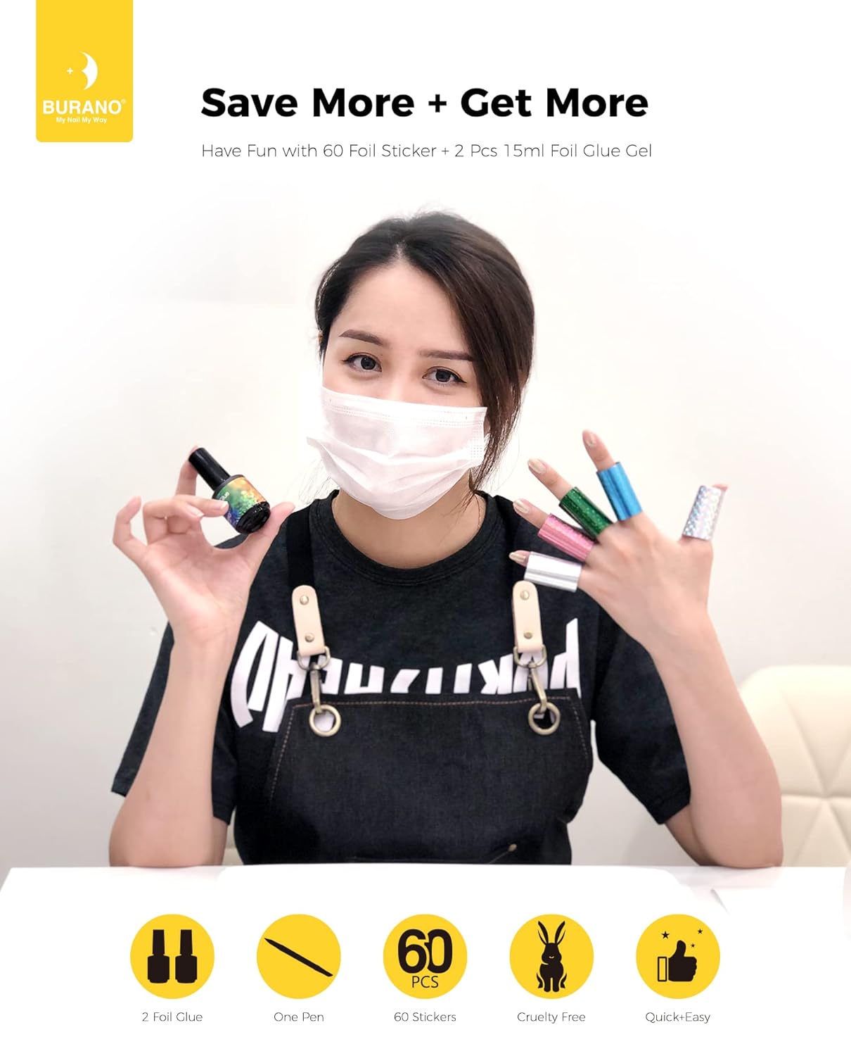 BURANO Nail Art Foil Glue Gel, 15ML 2 Bottles with 60PCS Foils Sticker, Nails Designer Adhesive Transfer Art UV LED Lamp Required-Velvo Beauty