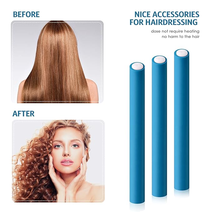 Syhood 30 Pieces Flexible Curling Rods Twist Hair Rollers Soft Foam Rods No Heat and 1 Pcs Steel Rat Tail Comb for Women Long and Short Hair(7 x 0.7 Inch,Blue)-Velvo Beauty