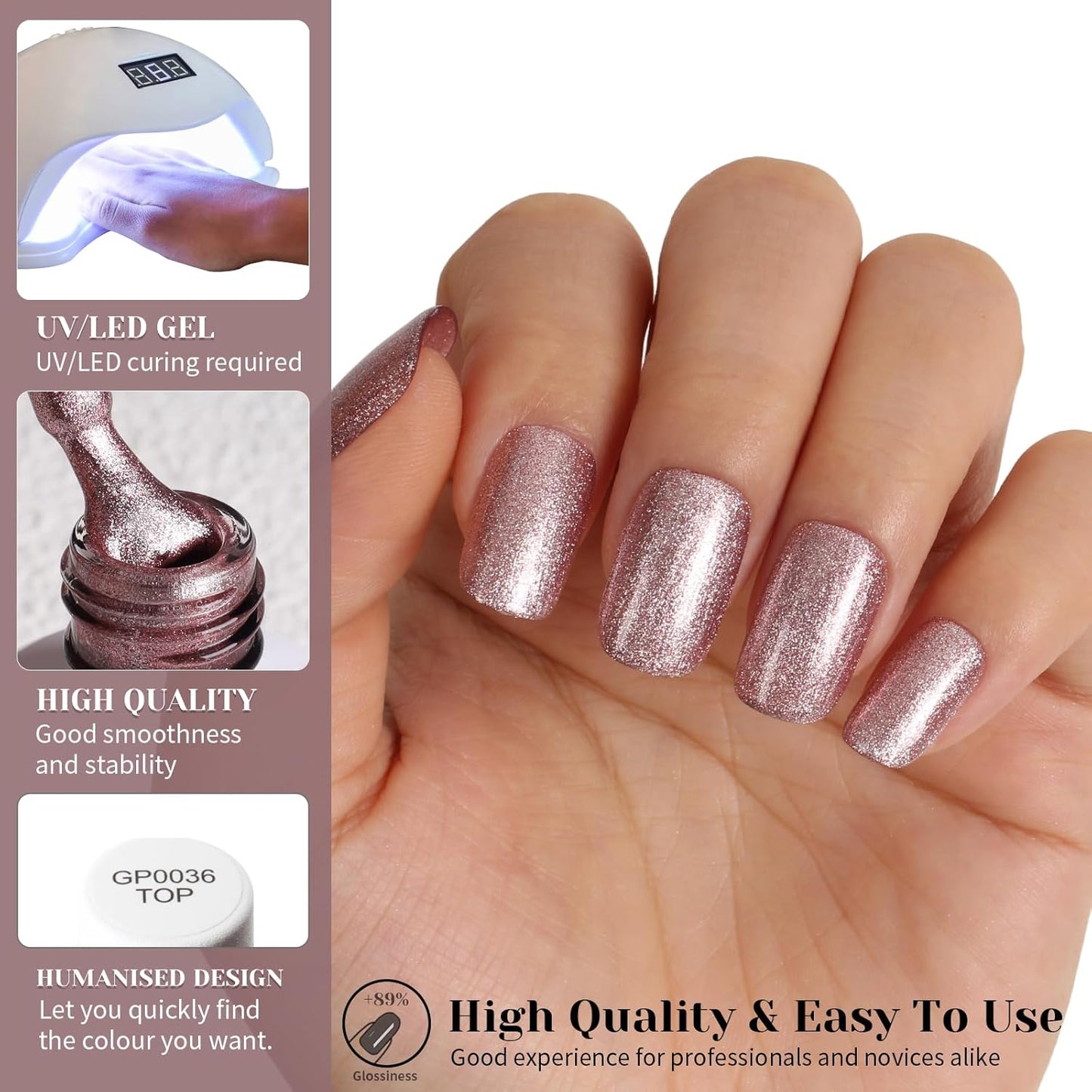 Rose Gold Super Glitter Gel Nail Polish,15ml UV/LED Soak Off Sparkly Rose Gold Gel Polish for Manicure Salon or DIY Nail Art at Home,Holiday Party Color - GP0090-Velvo Beauty