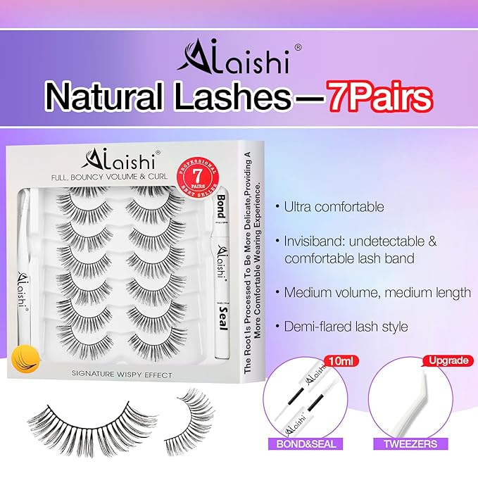 Wispy False Eyelashes Kit With Bond, Seal and Tweezer, 7 Pairs Natural Look Fake Cat Eye Lashes Strips Thin Band Extensions Waterproof Easy Eyelashes for Beginners DF1-Velvo Beauty