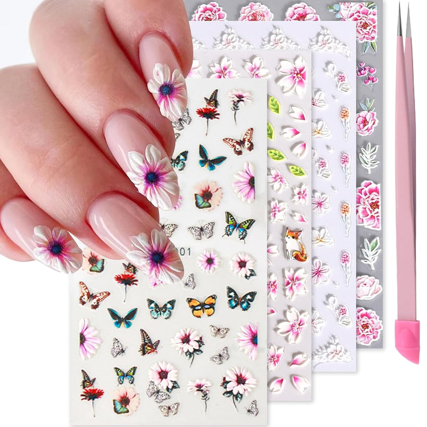 Pink Flower Nail Art Stickers Decals 5D Embossed Nail Decals Spring Summer Nails Art Design Self-Adhesive Supplies Accessories 3D Flower Stickers for Women Nails DIY Decoration-Velvo Beauty