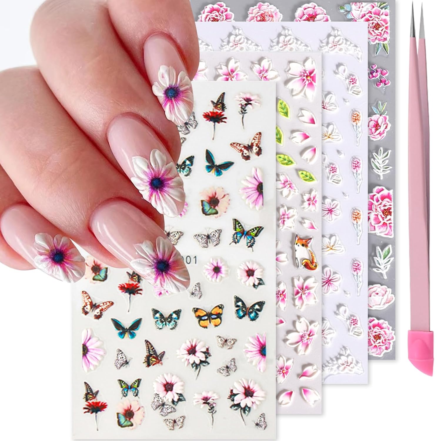 Pink Flower Nail Art Stickers Decals 5D Embossed Nail Decals Spring Summer Nails Art Design Self-Adhesive Supplies Accessories 3D Flower Stickers for Women Nails DIY Decoration-Velvo Beauty
