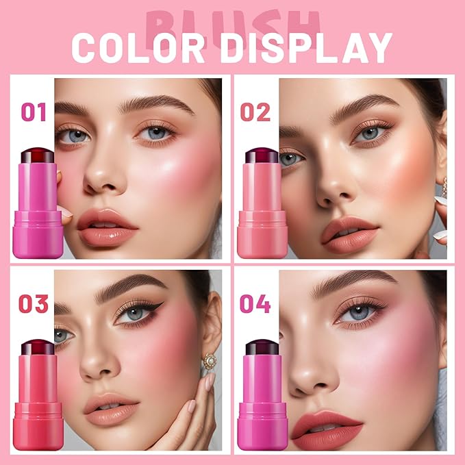 4 Pcs Jelly Blush Stick,Sheer Lip & Cheek Stain Makeup Cooling Water Jelly Tint, Multiple Use Long Lasting Jelly Texture Non-Stick Blush for Cheeks, Pigmented Waterproof Makeup Blush-Velvo Beauty