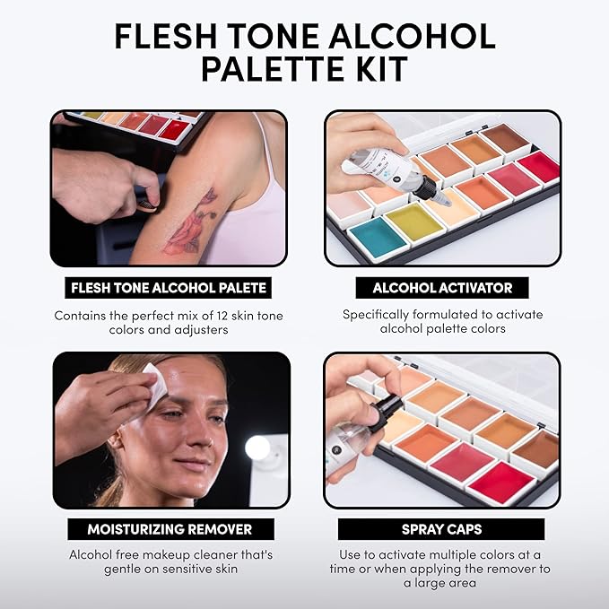 Flesh Tone Alcohol-Activated Palette, Activator, and Remover Kit, Professional SFX Makeup Set, Tattoo Cover-Velvo Beauty