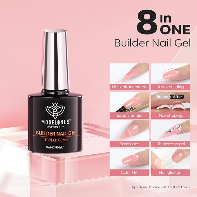 modelones Builder Nail Gel, 8-in-One Jelly Pink Builder, Peachy Pink Rubber Base Gel Polish, LED Lamp Cured Nude Color Base Hardener, Apex Building Strengthener Extension for Girls Home DIY Salon-Velvo Beauty