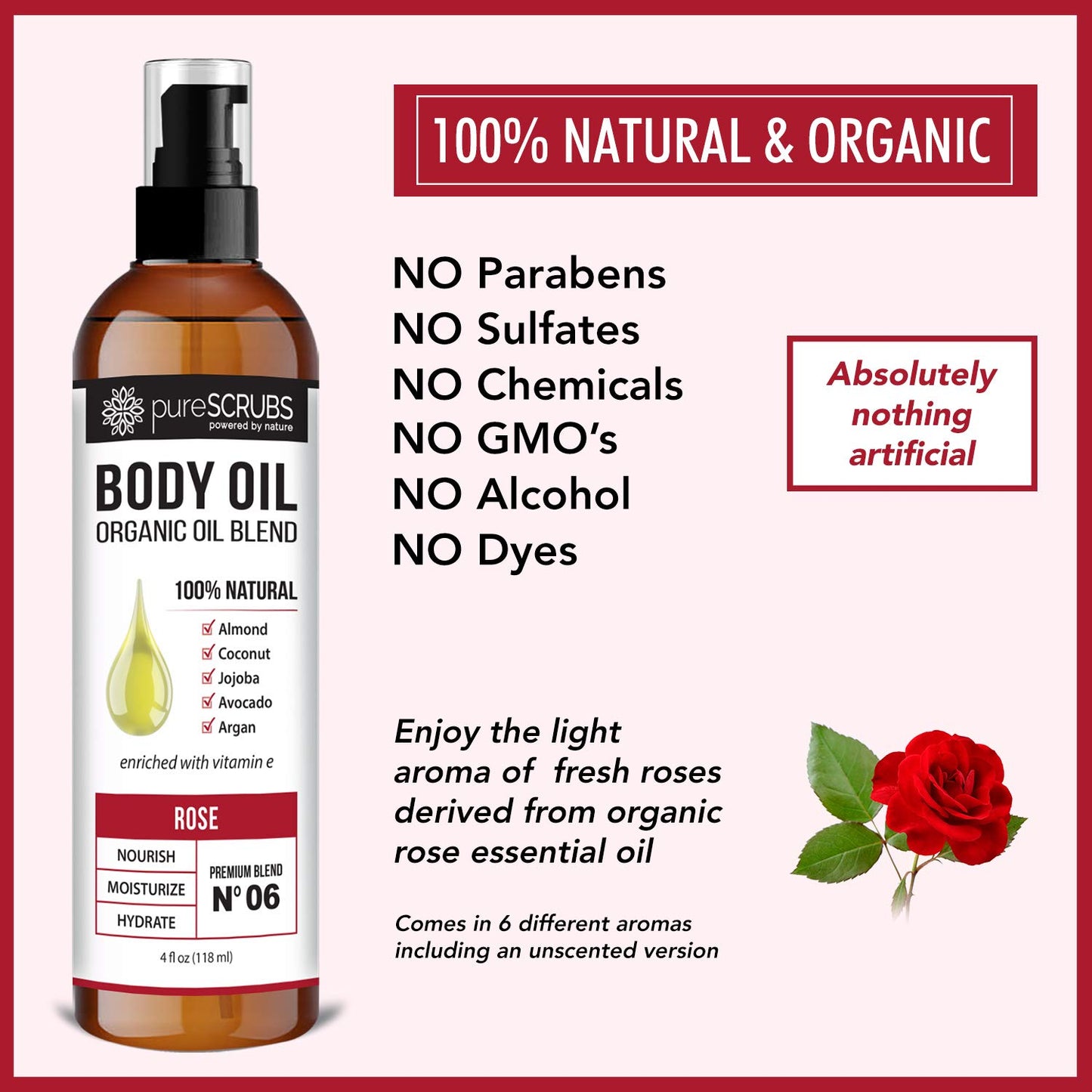 pureSCRUBS Ultra Moisturizing Rose Body Oil Spray for Dry Skin, Massage, Cuticles & More, Organic Super Blend of Jojoba, Argan, Coconut, Sweet Almond & Avocado Oils Enriched with Vitamin E, Lg 4oz-Velvo Beauty