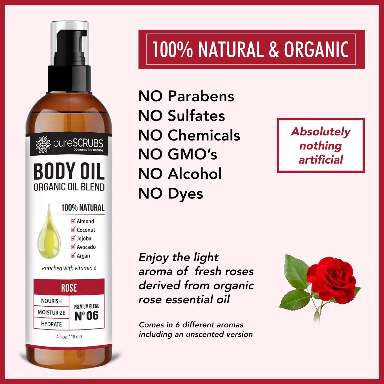 pureSCRUBS Ultra Moisturizing Rose Body Oil Spray for Dry Skin, Massage, Cuticles & More, Organic Super Blend of Jojoba, Argan, Coconut, Sweet Almond & Avocado Oils Enriched with Vitamin E, Lg 4oz-Velvo Beauty