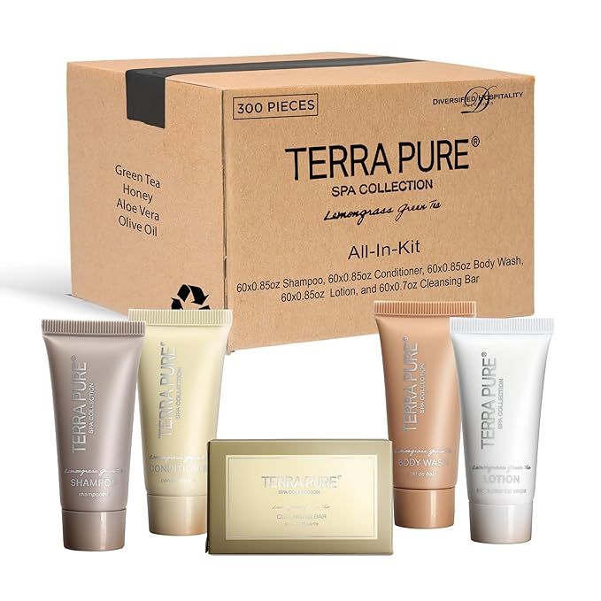 Terra Pure Spa Collection Bulk Set Toiletries | 1-Shoppe All-In-Kit Amenities for Hotels & Airbnb | 0.85 oz Hotel Shampoo & Conditioner, Body Wash, Lotion & Cleansing Bar Travel Size Tubes| 300 Pieces-Velvo Beauty