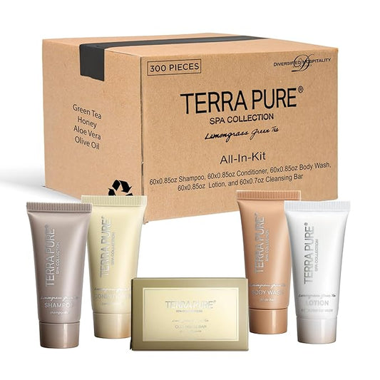 Terra Pure Spa Collection Bulk Set Toiletries | 1-Shoppe All-In-Kit Amenities for Hotels & Airbnb | 0.85 oz Hotel Shampoo & Conditioner, Body Wash, Lotion & Cleansing Bar Travel Size Tubes| 300 Pieces-Velvo Beauty