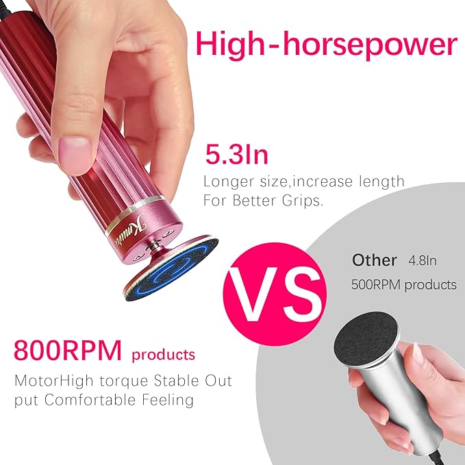 5.3'' Electric Foot Callus Remover with 80pcs Sandpaper Discs & Brush, Professional Aluminum Ergonomic Pedicure Tool, Stepless Speed & Reverse Control for Dead Skin Removal (Pink)-Velvo Beauty