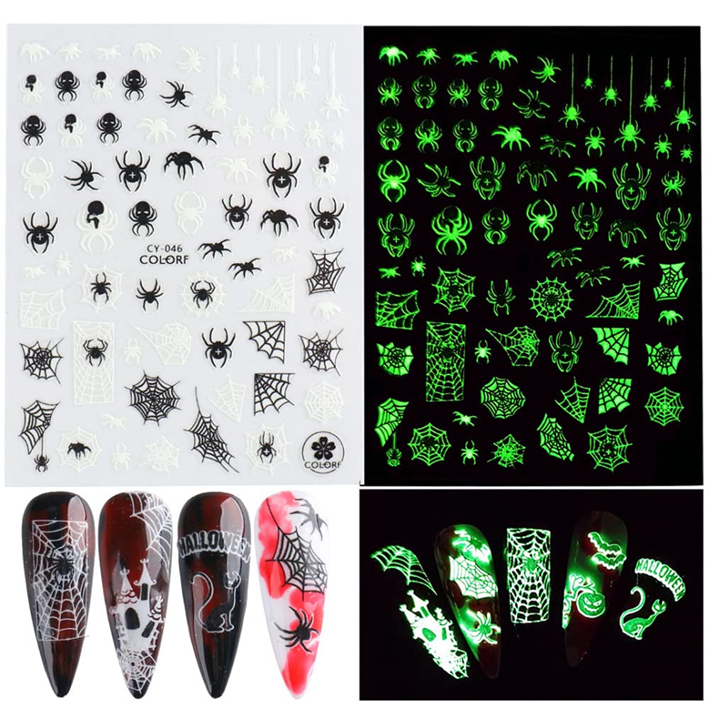 Luminous Nail Stickers - 3D Halloween Nail Art Designs - Skull, Ghost, Pumpkin, Spider, Bat Decals - Self-Adhesive, 6 Sheets-Velvo Beauty