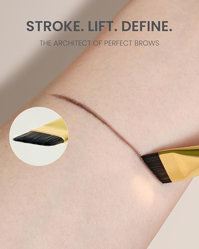 Desert Oak Series MicroBlade Angled Brow Brush - 11mm Ultra-Fine Nylon Bristles for 1mm Hair Strokes, Pomade/Gel/Powder Application, Bubinga & Brass (CM 190)-Velvo Beauty