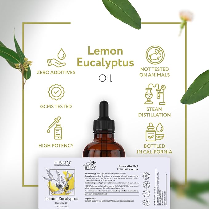 HBNO Lemon Eucalyptus Essential Oil - 4 oz (120ml) - Natural - Perfect for Cleaning, Aromatherapy, DIY, Soap & Diffuser-Velvo Beauty