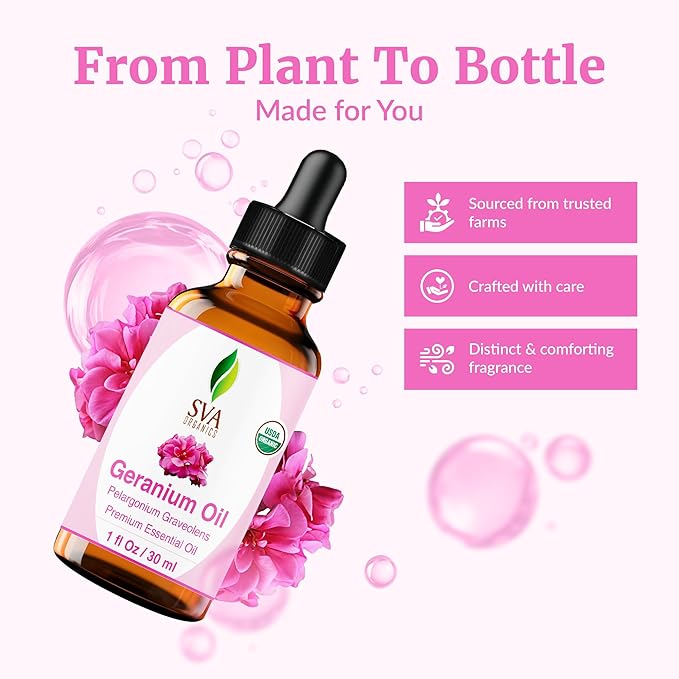 SVA Geranium Essential Oil Organic – 1 Fl Oz – 100% Natural Organic Geranium Oil - for Diffuser, Hair Care, Face, Skin Care, Aromatherapy, Scalp and Body Massage, Soap and Candle making – with Dropper-Velvo Beauty