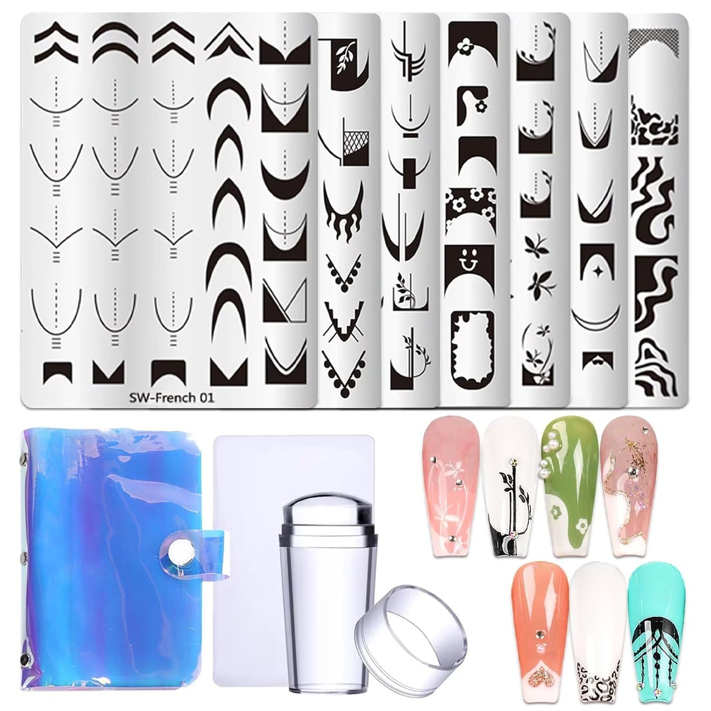 French Tip Nail Stamping Plate- 10 pcs Nail Stamper Kit Silicone Nail Stamper French Nail Stamp with Nail Art Stamps Storage Bag Nail Stamp Template Nail Supplies for Salon DIY-Velvo Beauty