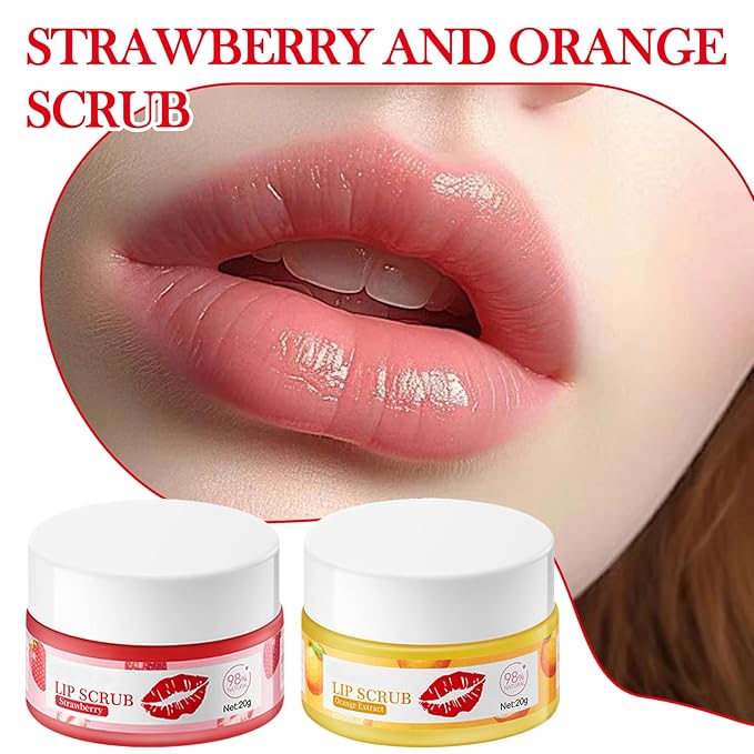 2PCS Strawberry & Orange Conditioning Lip Scrub Kit,Moisturizing Lip Sleeping Mask Long Lasting Hydrating Lip Scrubber Exfoliator Lip Care Products for Men & Women-Velvo Beauty