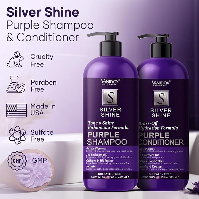 Sulfate Free Brass Toning Purple Shampoo and Conditioner Set for Grey and Silver Hair, Moisturizing & Color-Safe, Enhances Shine & Brightness, Made in USA (16 fl oz each)-Velvo Beauty