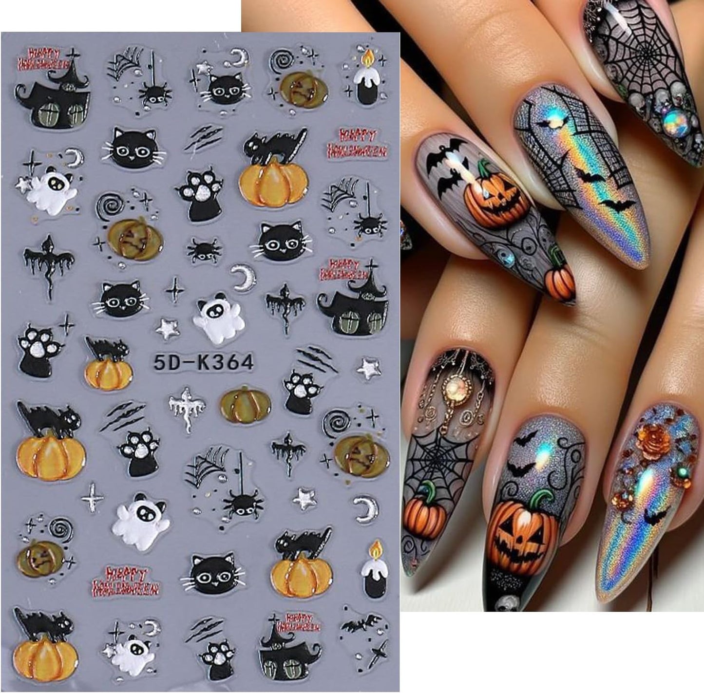 2Sheet Halloween Nail Art Stickers 5D Relief Cartoon Ghost Cat Dark Self-Adhesive Sticker Nail Decals Cute Ghost Pumpkin Pattern Nail Art Slider DIY for Women Girl Cute Halloween Nail Decoration-Velvo Beauty