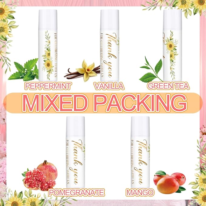 Dunzy 50 Pcs Thank You Gift Lip Balm Bulk Baby Shower Party Favors Bridal Shower Favor Lip Care with Assorted Fruit Flavors Thank You Lipstick for Guest Basket Gift Stuffer (Sunflower)-Velvo Beauty