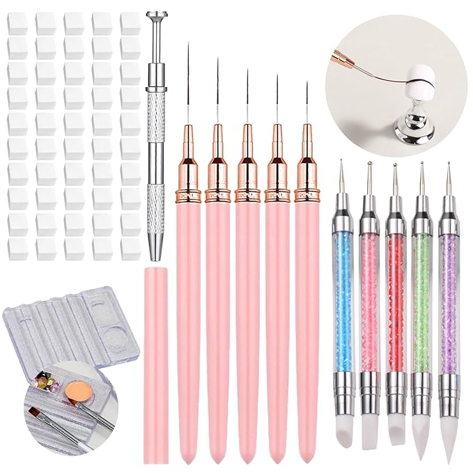 62 Pcs Nail Art Brushes Set,5 Pcs Striping Liner Brush,5 Pcs Dual Tipped Silicone Dotting Sculpture Pen,50 Pcs Nail Sponges for Ombre with Grabbing Pen,Mixing Palette Pen Holder-Velvo Beauty