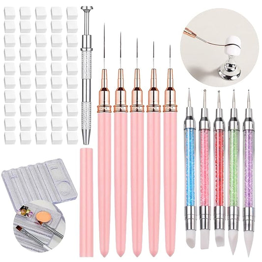 62 Pcs Nail Art Brushes Set,5 Pcs Striping Liner Brush,5 Pcs Dual Tipped Silicone Dotting Sculpture Pen,50 Pcs Nail Sponges for Ombre with Grabbing Pen,Mixing Palette Pen Holder-Velvo Beauty