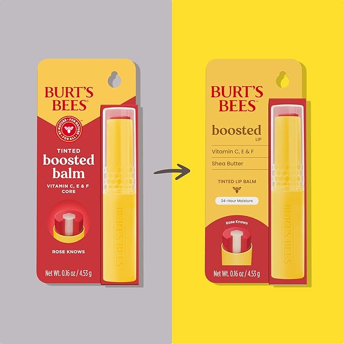 Burt’s Bees Back To School Dorm Essentials, Tinted Boosted Balm, Rose Knows, Hydrating Tinted Lip Balm with Vitamin C, E, and F Core, 24 Hour Lip Moisturizer, 100% Natural Origin, 1 Count, 0.16oz-Velvo Beauty