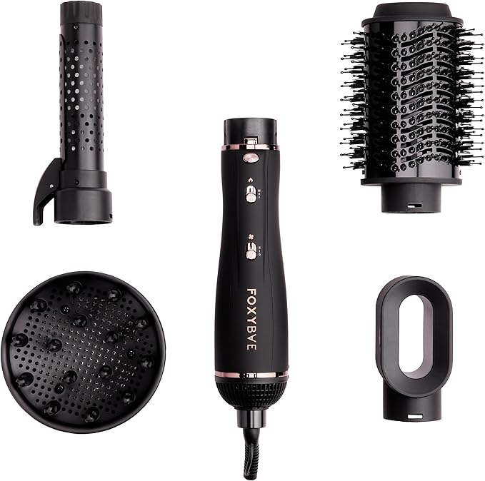 Foxybae Super Styler – 4-in-1 Blow Dryer Brush Set - Diffuser, Blowout Brush, 1.25” Curling Barrel & Drying Cylinder - Voluminous, Frizz-free Hair - Blow Dryer, Straightener & Curler [Black Rose-Gold]-Velvo Beauty