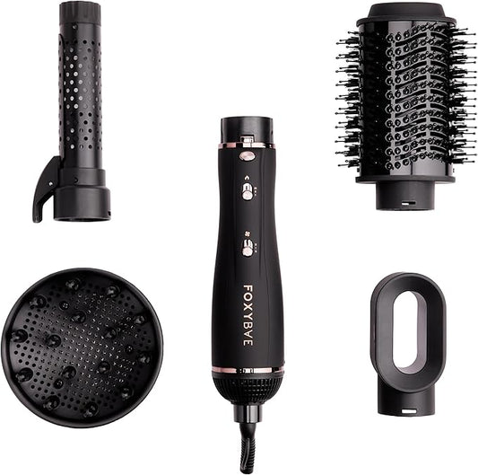 Foxybae Super Styler – 4-in-1 Blow Dryer Brush Set - Diffuser, Blowout Brush, 1.25” Curling Barrel & Drying Cylinder - Voluminous, Frizz-free Hair - Blow Dryer, Straightener & Curler [Black Rose-Gold]-Velvo Beauty