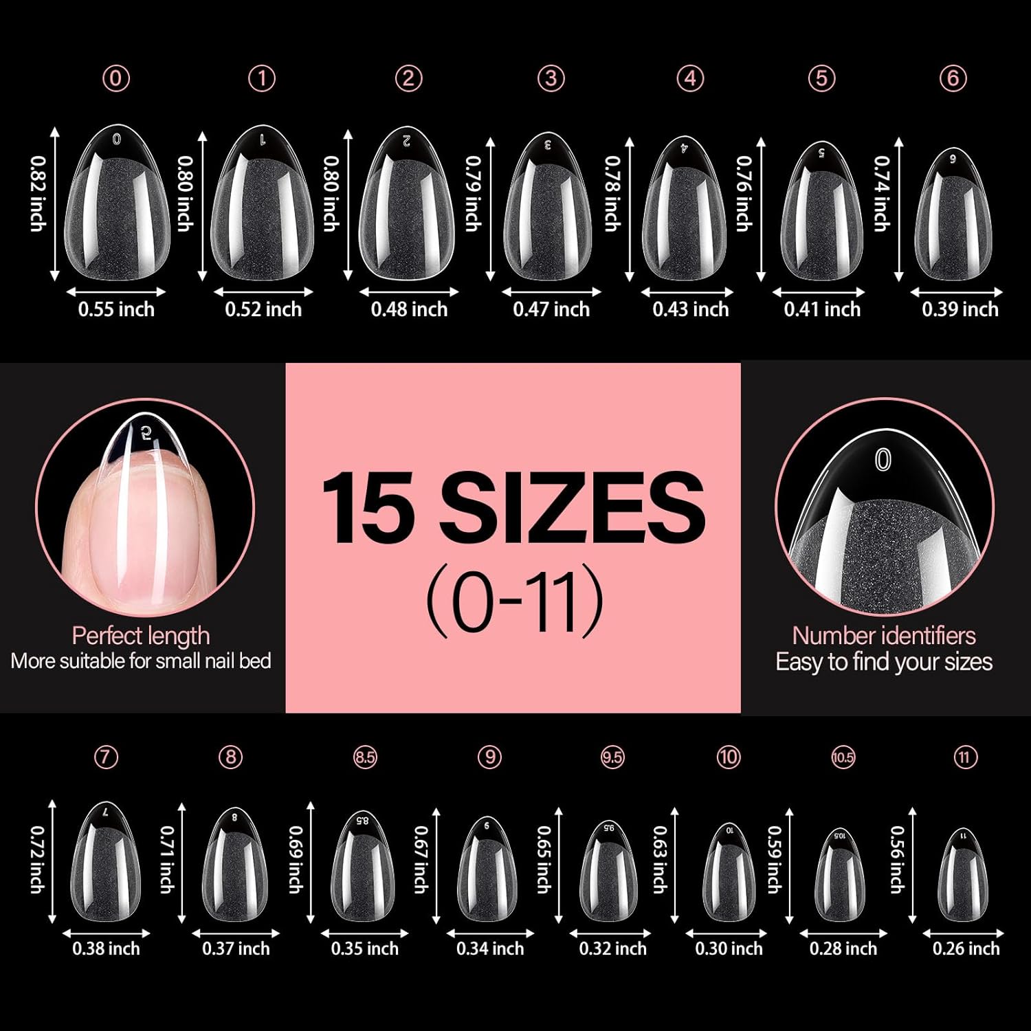 AILLSA Short Almond Nail Tips Pre-Shaped Acrylic Nail Tips Half Matte Full Cover Nails Tips Clear Gelly Press on Flase Tip Nail for Extension Nail Manicure Home DIY 240PCS 15Sizes-Velvo Beauty