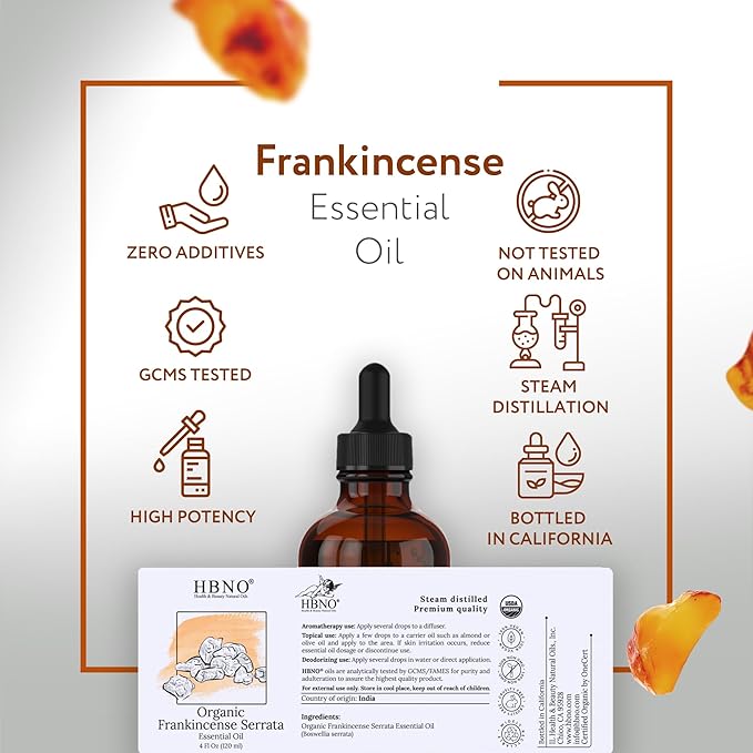 HBNO California Bottled Organic Frankincense Essential Oil 4 fl oz (120ml) - USDA Certified Oil - Organic Frankincense Essential Oil for Skin and Aromtherapy-Velvo Beauty