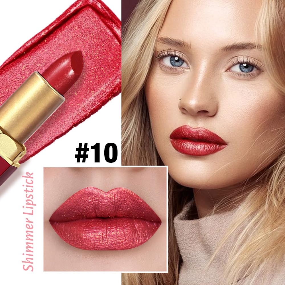 Red Metallic Lipstick for Women,Lightweight Shimmer Frosted Lipstick,Glitter Lip Gloss Stain Long Lasting Waterproof Smudge Proof 24 Hour Full Coverage Lip Makeup,Vegan-Velvo Beauty