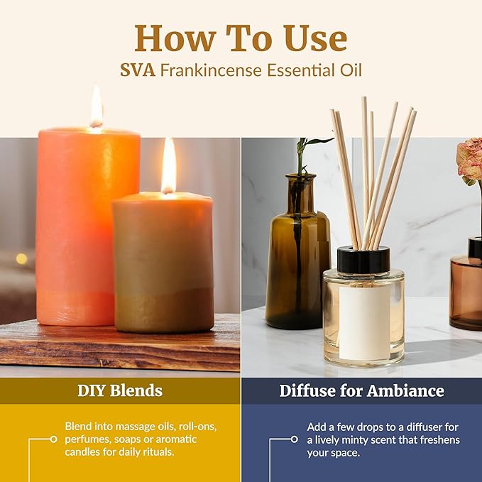 SVA Frankincense Essential Oil – 4 Fl Oz – 100% Natural Boswellia Serrata Oil - for Diffuser, Hair Care, Face, Skin Care, Aromatherapy, Scalp and Body Massage, Soap and Candle Making – with Dropper-Velvo Beauty