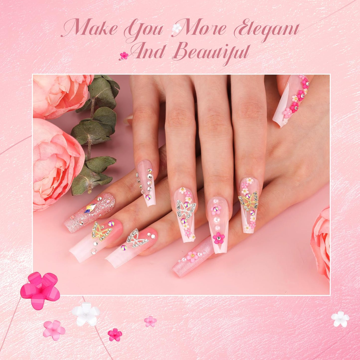 3D Nail Charms and Gems Set 11, 10PCS Gold and Silver Chunky Butterfly Nail Charms with Rhinestones, 3D Flowers for Nails, Flatback Crystals and Pearls + Picker Tool for Y2K Nail Decoration-Velvo Beauty