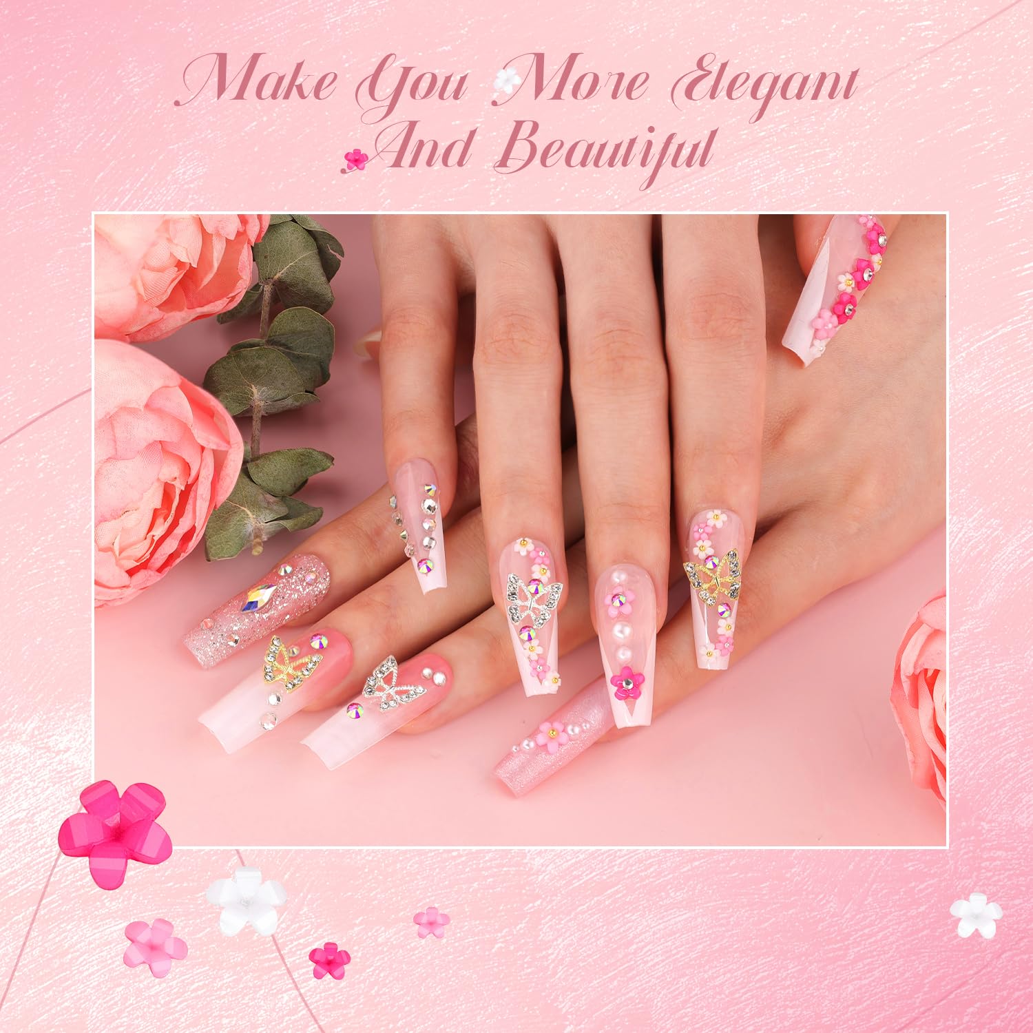 3D Nail Charms and Gems Set 11, 10PCS Gold and Silver Chunky Butterfly Nail Charms with Rhinestones, 3D Flowers for Nails, Flatback Crystals and Pearls + Picker Tool for Y2K Nail Decoration-Velvo Beauty