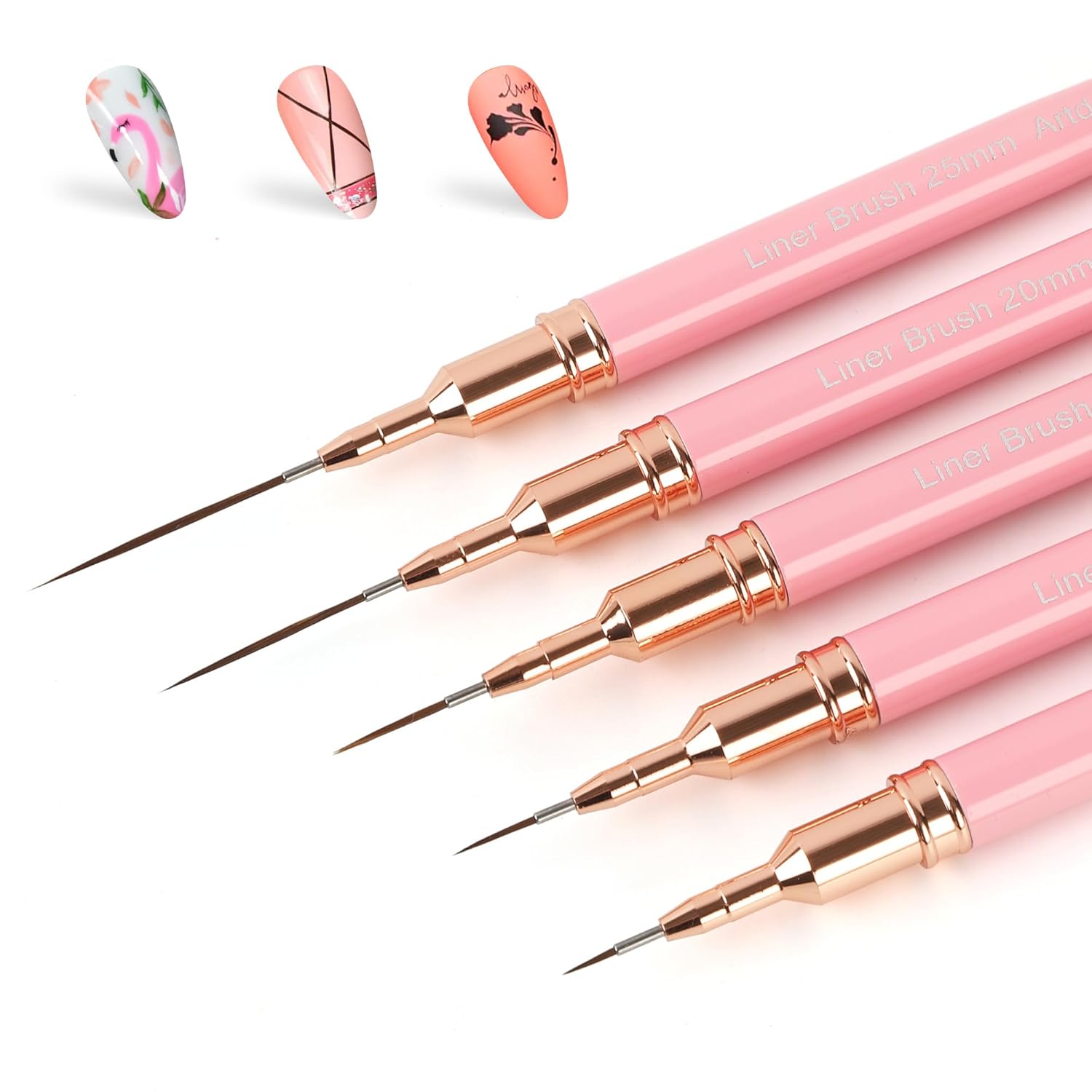 Artdone Metallic Nail Art Pens, Liner Brushes Set, 5PCS Pink Color Nail Tools For Long Lines, Thin Details, Fine Drawing, Liner Brush UV Gel Polish Painting Nail Design Sizes 5/8/12/20/25mm-Velvo Beauty