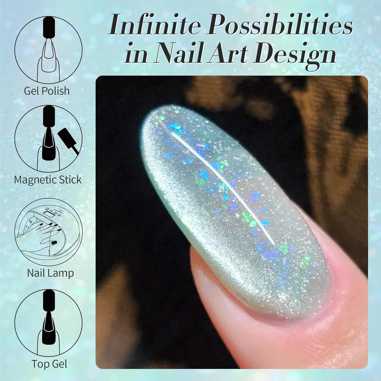 Born Pretty Green Cat Magnetic Eye Gel Nail Polish Shimmer Glitter Flakes Holographic Aurora Mint Green Magnetic Gel Polish Nail Art Manicure DIY at Home 15ML-Velvo Beauty