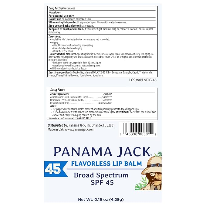 Panama Jack Sunscreen Lip Balm - SPF 45, Broad Spectrum UVA-UVB Sunscreen Protection, Prevents & Soothes Dry, Chapped Lips-Velvo Beauty